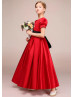 Short Sleeves Red Satin Flower Girl Dress